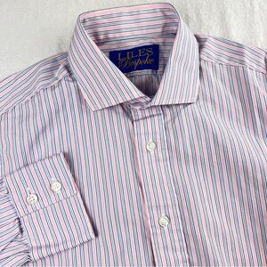 Liles Bespoke Men’s Pink and Blue Striped Dress Shirt Preppy Button Down-